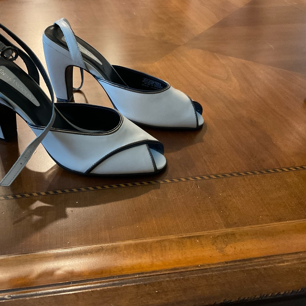 White Slingback Peep-Toe Block Heels with Black Trim